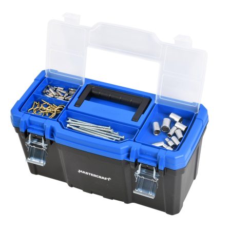 Mastercraft Portable Plastic Tool Box w/ Removable Tray & Tray Top, Blue, 22-in