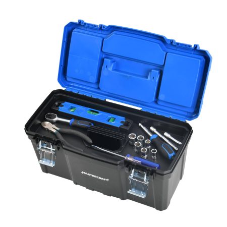 Mastercraft Portable Plastic Tool Box w/ Removable Tray & Tray Top, Blue, 22-in