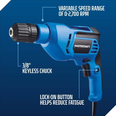 Mastercraft 5A Variable Speed Corded Drill/Driver with Keyless Chuck & Non-Slip Grip, 3/8-in