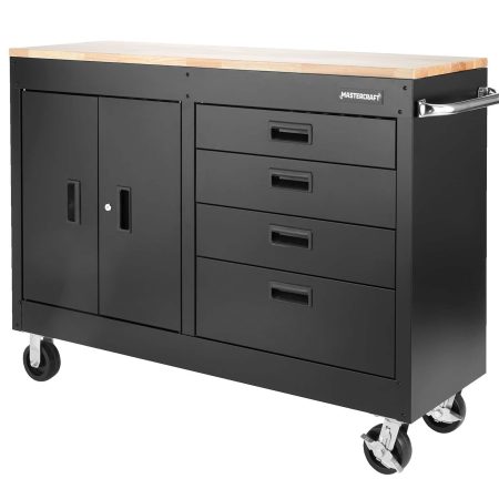 Mastercraft 4-Drawer, 2 Door Wooden Top Workstation + Cabinet with Wheels, Black Series, 54 x 18 x 41-in