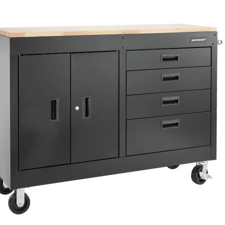 Mastercraft 4-Drawer, 2 Door Wooden Top Workstation + Cabinet with Wheels, Black Series, 54 x 18 x 41-in