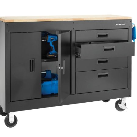 Mastercraft 4-Drawer, 2 Door Wooden Top Workstation + Cabinet with Wheels, Black Series, 54 x 18 x 41-in