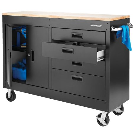 Mastercraft 4-Drawer, 2 Door Wooden Top Workstation + Cabinet with Wheels, Black Series, 54 x 18 x 41-in