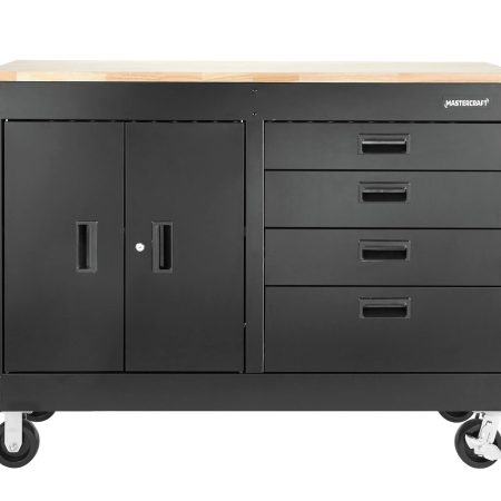 Mastercraft 4-Drawer, 2 Door Wooden Top Workstation + Cabinet with Wheels, Black Series, 54 x 18 x 41-in