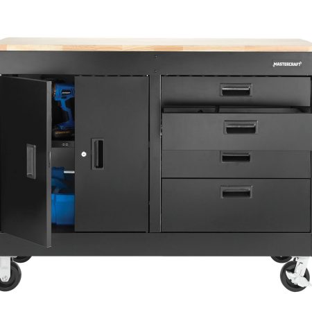 Mastercraft 4-Drawer, 2 Door Wooden Top Workstation + Cabinet with Wheels, Black Series, 54 x 18 x 41-in