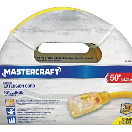 Mastercraft 12/3 Outdoor Extension Cord with Lighted end & Locking Connector, Yellow