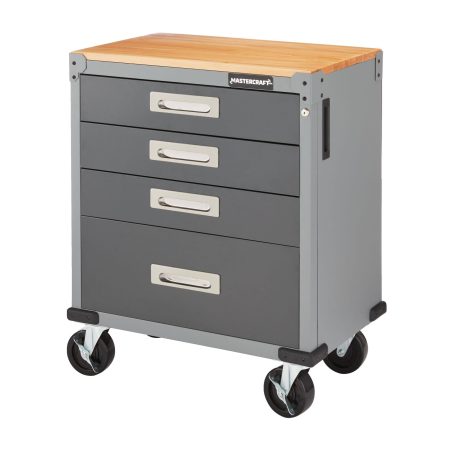 Mastercraft 4-Drawer Wooden Top Base Cabinet with Wheels, Grey Series, 34.5 x 28 x 18-in