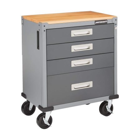 Mastercraft 4-Drawer Wooden Top Base Cabinet with Wheels, Grey Series, 34.5 x 28 x 18-in