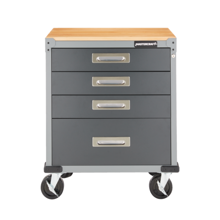 Mastercraft 4-Drawer Wooden Top Base Cabinet with Wheels, Grey Series, 34.5 x 28 x 18-in