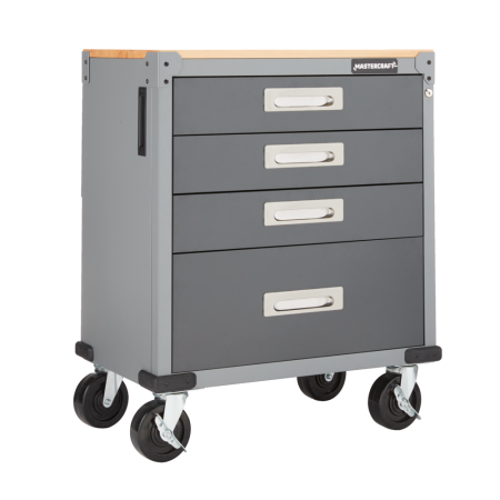 Mastercraft 4-Drawer Wooden Top Base Cabinet with Wheels, Grey Series, 34.5 x 28 x 18-in