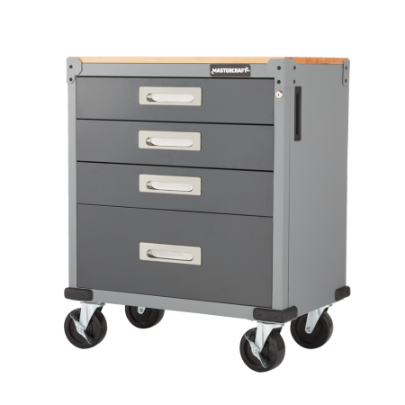 Mastercraft 4-Drawer Wooden Top Base Cabinet with Wheels, Grey Series, 34.5 x 28 x 18-in