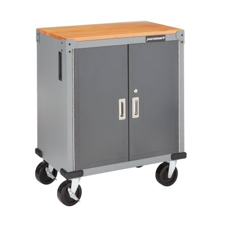 Mastercraft 2-Door Wooden Top Base Cabinet with Wheels, Grey Series, 34.5 x 28 x 18-in