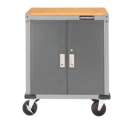 Mastercraft 2-Door Wooden Top Base Cabinet with Wheels, Grey Series, 34.5 x 28 x 18-in