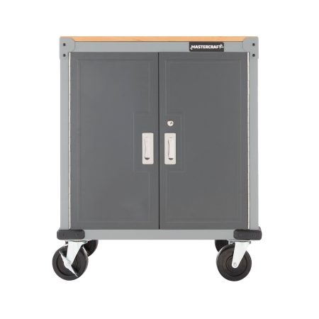 Mastercraft 2-Door Wooden Top Base Cabinet with Wheels, Grey Series, 34.5 x 28 x 18-in