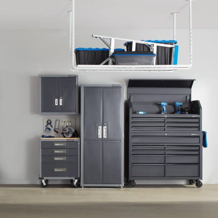 Mastercraft 4-Drawer Wooden Top Base Cabinet with Wheels, Grey Series, 34.5 x 28 x 18-in