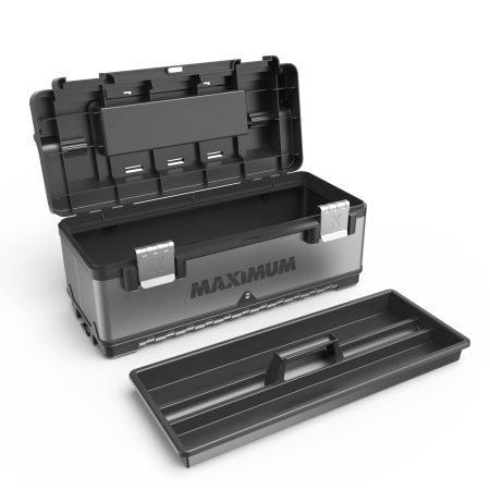 MAXIMUM Portable Plastic & Metal Tool Box w/ Removable Tray & Organizer, Black, 20-in