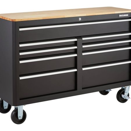 MAXIMUM Tool Storage Cabinet, Built-In Power Bar with USB, 9-Drawer, 56-in, Matte Black