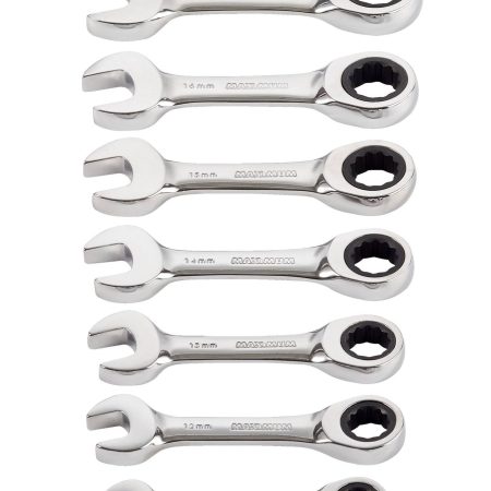 MAXIMUM Stubby Ratcheting Wrench Set, Metric, Nickel-Chrome Plating, 7-pc