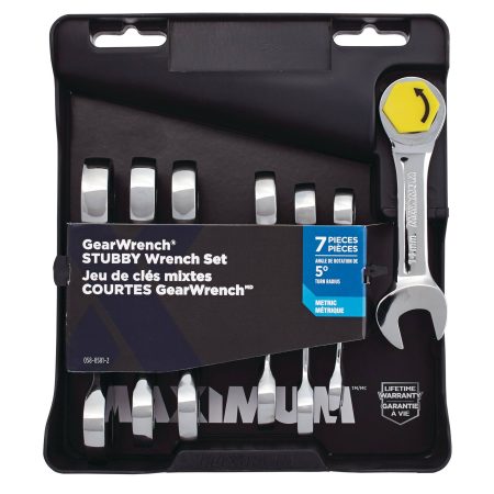 MAXIMUM Stubby Ratcheting Wrench Set, Metric, Nickel-Chrome Plating, 7-pc