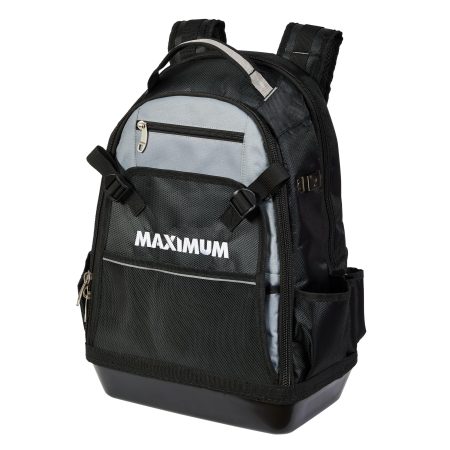 MAXIMUM Water Resistant Bottom Backpack Tool Bag, Black & Grey, 35 Pockets, 15x20-in