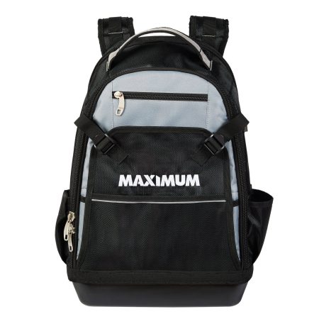 MAXIMUM Water Resistant Bottom Backpack Tool Bag, Black & Grey, 35 Pockets, 15x20-in