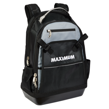 MAXIMUM Water Resistant Bottom Backpack Tool Bag, Black & Grey, 35 Pockets, 15x20-in