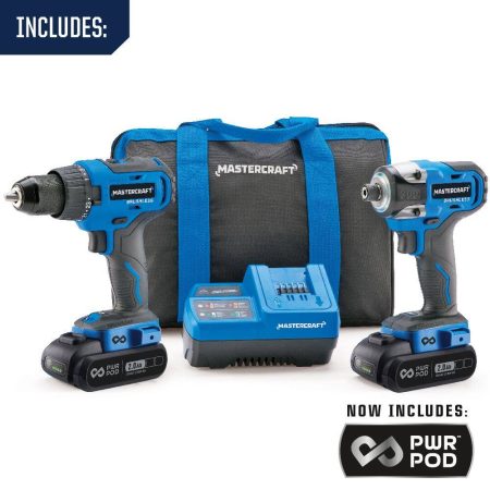 Mastercraft 20V Max Brushless Cordless Hammer Drill & Impact Driver with 2 PWR POD 2.0 Ah Batteries & Charger Combo Kit