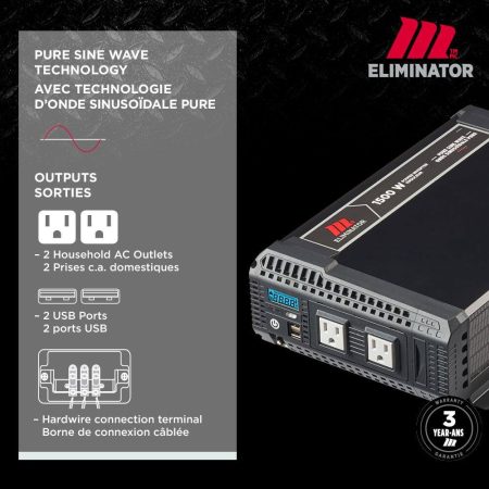 MotoMaster Eliminator Pure Sine Wave Power Inverter, Includes Battery Cables Fuse Kit and Wired Remote, 1500W