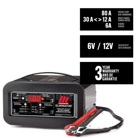 MotoMaster Eliminator Workshop Series Smart Battery Charger, Fully Automatic, 30/12/6-Amp, 6V/12V, with 80-Amp Engine Start