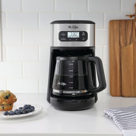 Mr. Coffee Programmable Coffee Maker w/ Glass Carafe, Automatic Cleaning Cycle, Stainless Steel, 12 Cup