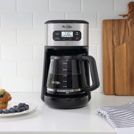 Mr. Coffee Programmable Coffee Maker w/ Glass Carafe, Automatic Cleaning Cycle, Stainless Steel, 12 Cup