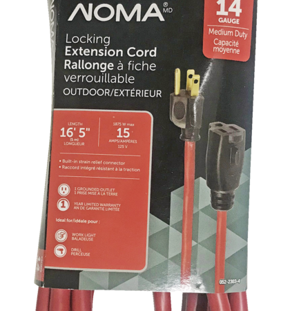 NOMA 16-ft 5-in 14/3 Outdoor Extension Cord with Grounded Outlet and Locking Connector, Red