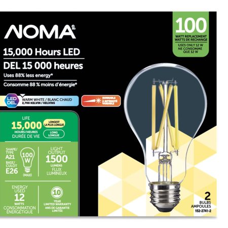 NOMA A21 E26 Base Household Dimmable LED Glass Light Bulb, 2700K, 1500 Lumens, Warm White, 100W, 2-pk