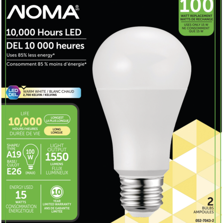 NOMA A19 E26 Base Non-Dimmable LED Light Bulbs, 2700K, 1550 Lumens, Warm White, 100W, 2-pk