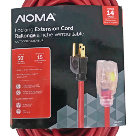 NOMA 25-ft 14/3 Outdoor Extension Cord with Grounded Outlet and Locking Connector, Red