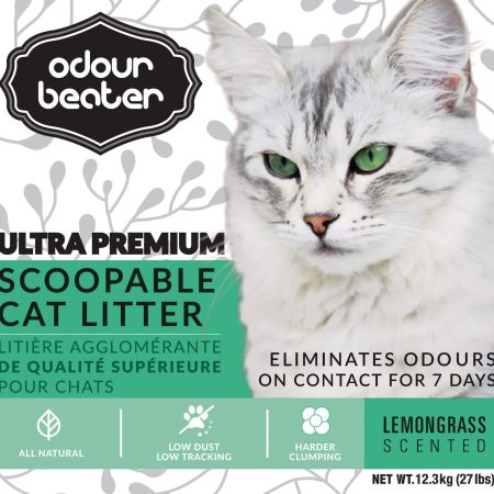 Odour Beater Ultra Premium Scoopable Clumping Cat Litter, Lemongrass Scent, 12.3-kg