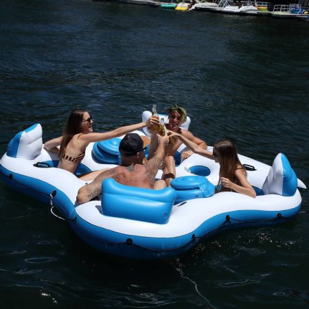 Outbound Inflatable Floating River/Lake Connectable 4-Person Party Island w/Cooler, White/Blue