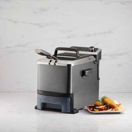 PADERNO Auto-Drain Deep Fryer w/ Digital Display & Oil Filter, Black Stainless Steel, 3.5L