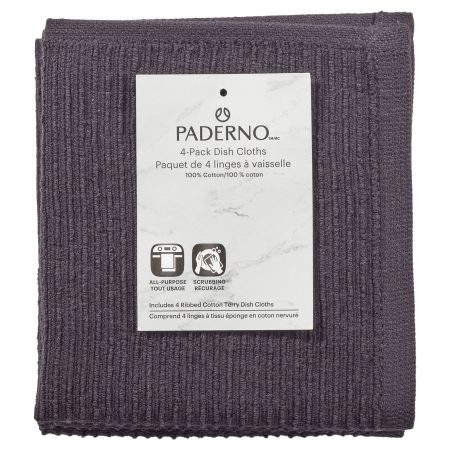 PADERNO All-Purpose Ribbed Cotton Terry Square Dish Cloths, Black, 4-pk