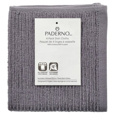 PADERNO Ribbed Cotton Terry Square Dish Cloths, Charcoal, 4-pk