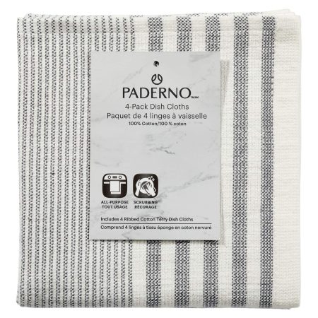 PADERNO All-Purpose Striped Cotton Terry Square Dish Cloths, Grey, 4-pk