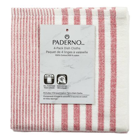 PADERNO Striped Cotton Terry Square Dish Cloths, Red, 4-pk