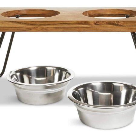 Petco Elevated Wood Double Diner with Stainless Steel Bowls, 4.6-cup