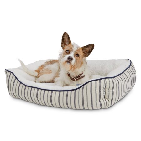 Petco Blue Nautical Striped Nester Faux Fur Dog Bed, Washable, 32-in x 24-in, White/Blue