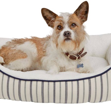 Petco Blue Nautical Striped Nester Faux Fur Dog Bed, Washable, 32-in x 24-in, White/Blue