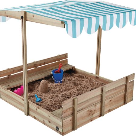 Plum® Outdoor Portable Wooden Sandbox with Canopy, 46x46x46-in, with Adjustable Canopy, Kids Ages 3+