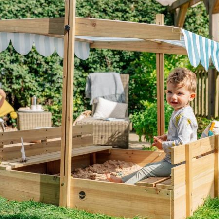 Plum® Outdoor Portable Wooden Sandbox with Canopy, 46x46x46-in, with Adjustable Canopy, Kids Ages 3+