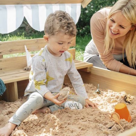 Plum® Outdoor Portable Wooden Sandbox with Canopy, 46x46x46-in, with Adjustable Canopy, Kids Ages 3+