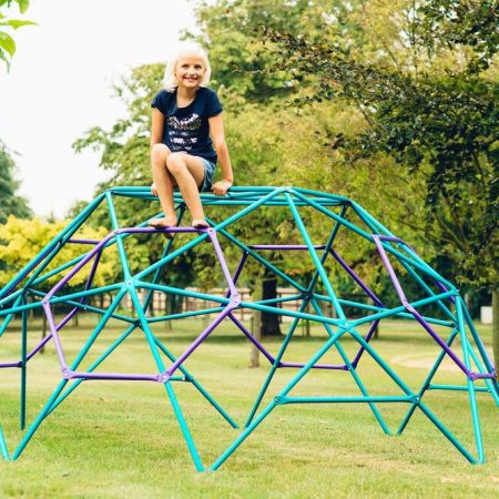 Plum® Phobos™ Outdoor Metal Dome Climbing Frame, 108-in x 108-in x 53-in, Kids Ages 3+, Purple/Blue