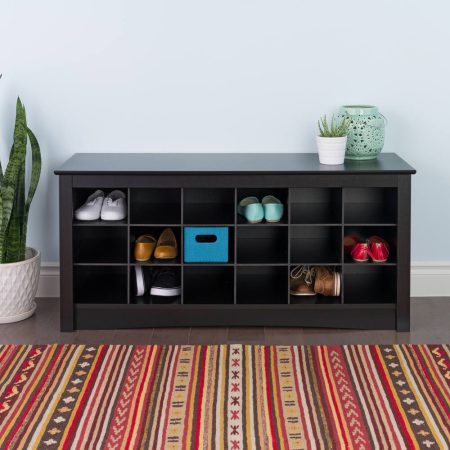 Prepac 18-Cubby Shoe Storage Bench  For Entryway/Hallway/Mudroom, Black